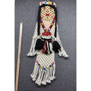 Vintage  Large 70s  Woven  Macrame Native American Woman  Wall Hanging